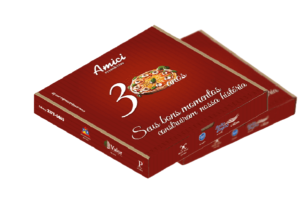 Logo da Amici aplicada na caixa de pizza